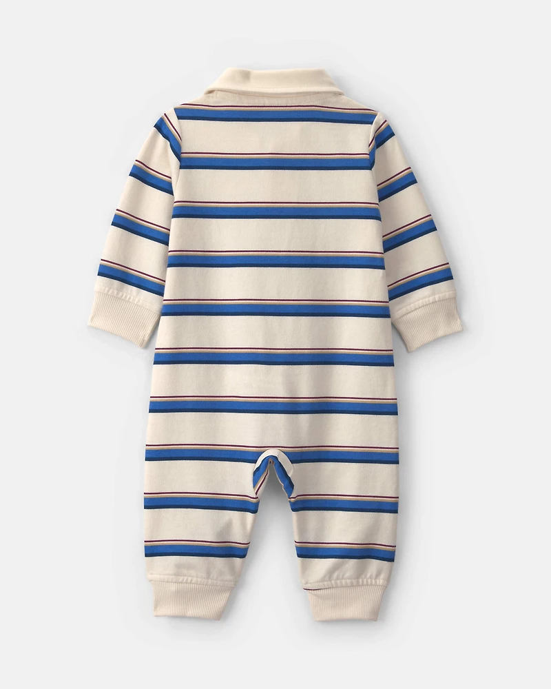 Baby Boy Striped French Terry Long-Sleeve Jumpsuit - Blue/Cream