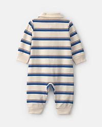 Baby Boy Striped French Terry Long-Sleeve Jumpsuit - Blue/Cream