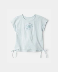 Girls Embroidered Flower Crinkle Top - Blue