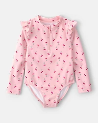 Toddler Girl Cherry Long-Sleeve 1-Piece Rashguard Swimsuit - Pink
