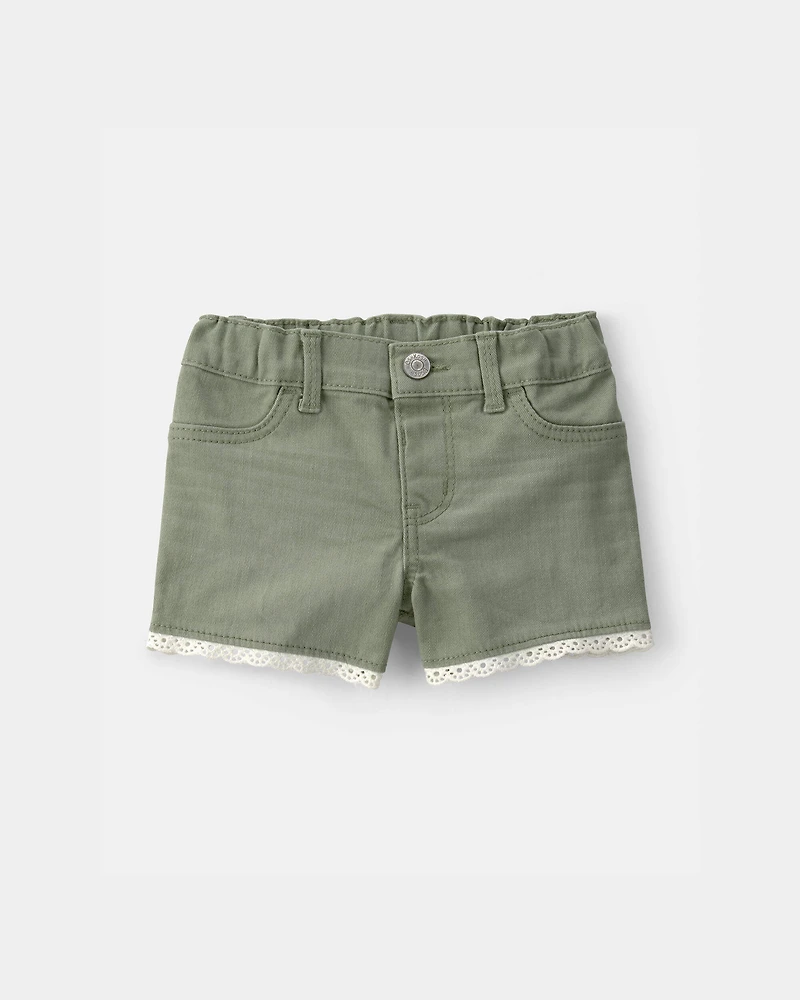 Baby Girl Eyelet Trim Twill Shorts - Olive