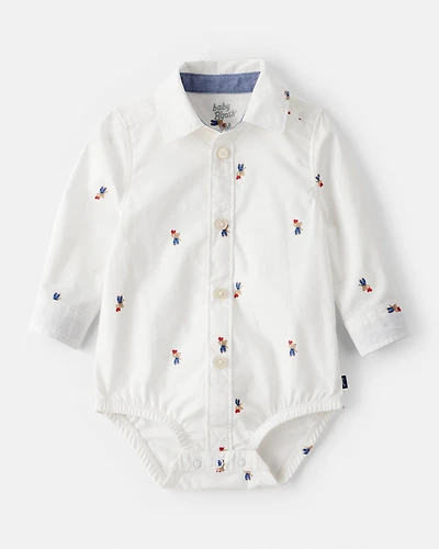 Baby Boy Bear Print Long-Sleeve Button-Down Bodysuit - White
