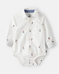 Baby Boy Bear Print Long-Sleeve Button-Down Bodysuit - White