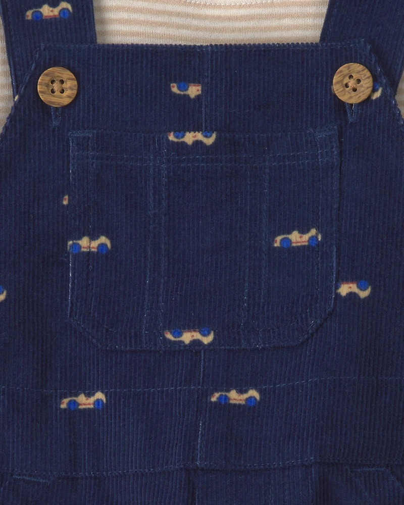 Baby Boy 2-Piece Car Corduroy Long-Sleeve Overall Set - Navy Blue/Cream