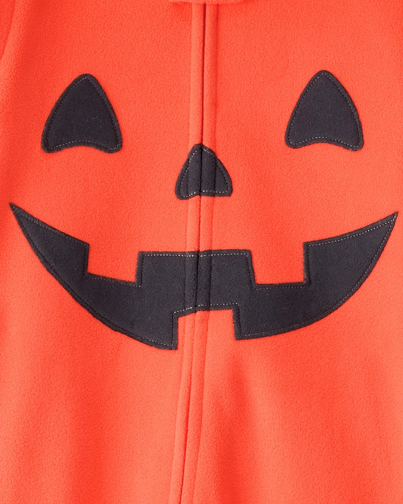 Toddler Halloween Jack-O-Lantern Fleece Hooded Zip-Up 1-Piece Pajama Jumpsuit - Orange