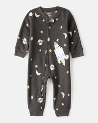 Toddler Boy Spaceship Star Fleece Long-Sleeve Loose Fit 1-Piece Pajamas - Grey