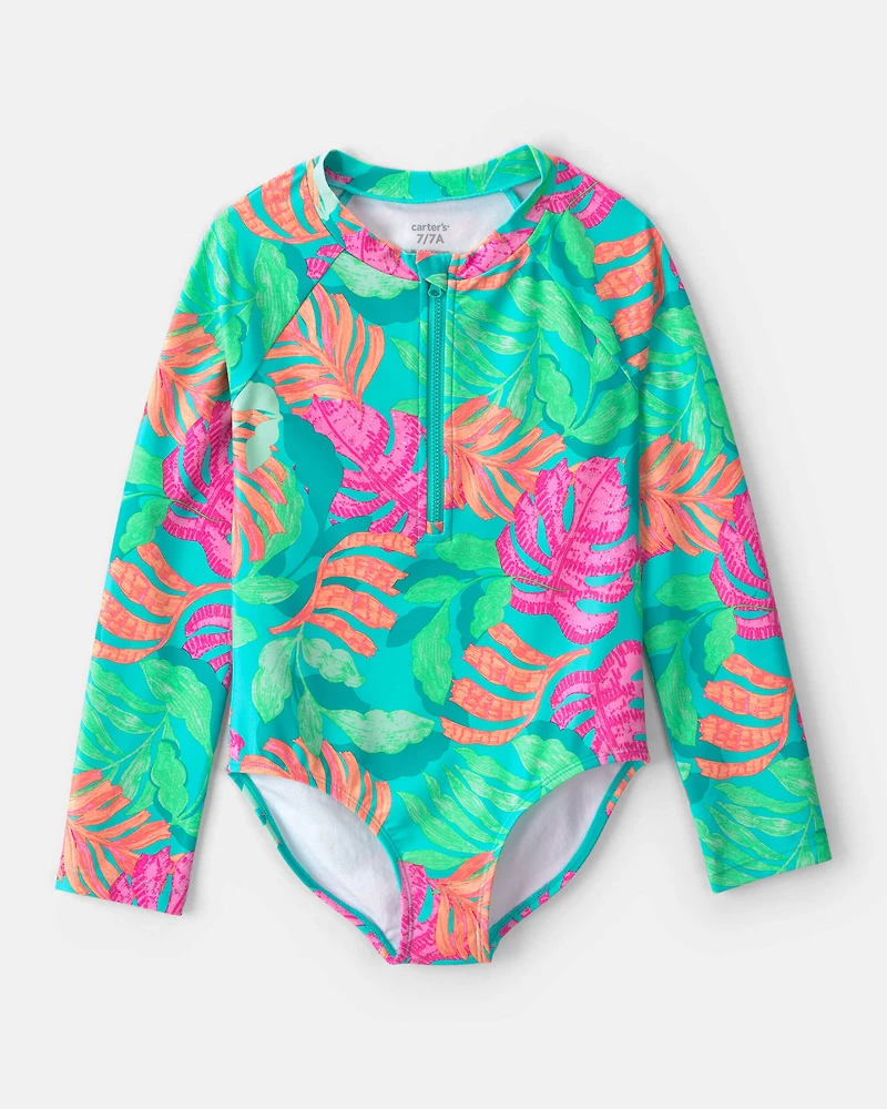 Girls Tropical Long-Sleeve 1-Piece Rashguard Swimsuit - Teal
