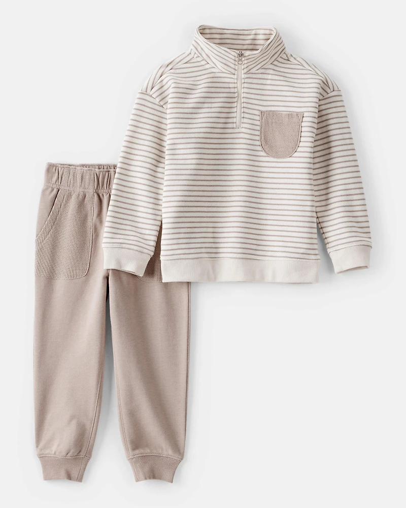 Toddler Boy 2-Piece Striped Quarter Zip Pullover & Pant Set - Ivory/Grey
