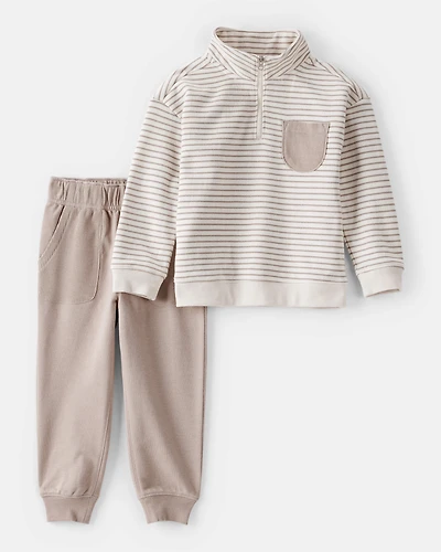 Toddler Boy 2-Piece Striped Quarter Zip Pullover & Pant Set - Ivory/Grey