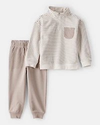 Toddler Boy 2-Piece Striped Quarter Zip Pullover & Pant Set - Ivory/Grey