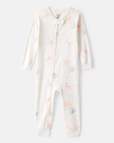 Baby Girl Dinosaur Print 100% Cotton Long-Sleeve 2-Way Zip 1-Piece Pajamas - White