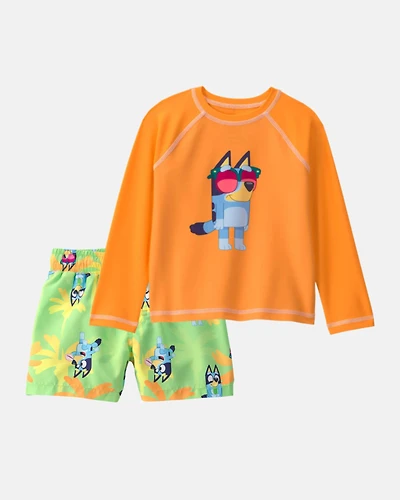 Toddler Boy 2-Piece  Bluey™ Rashguard & Swim Trunk Set - Orange/Green