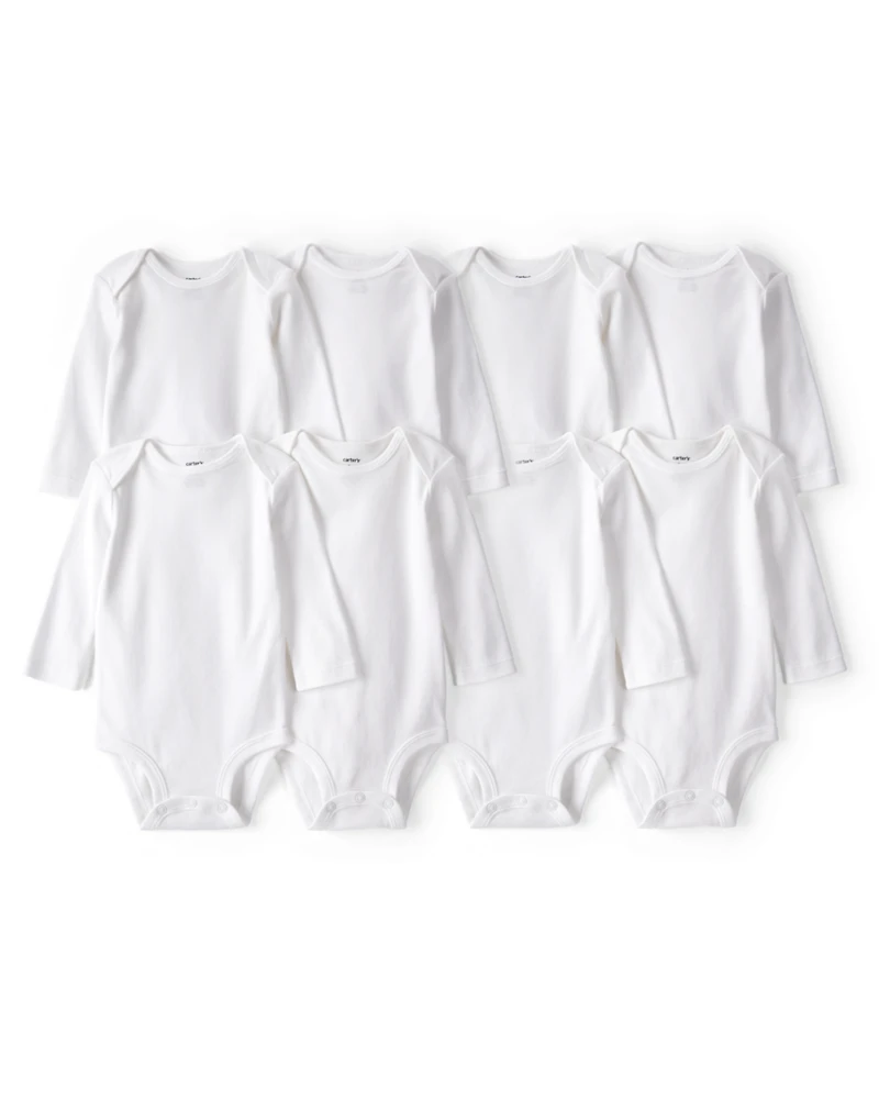 Baby 8-Pack Long Sleeve Cotton Bodysuits - White