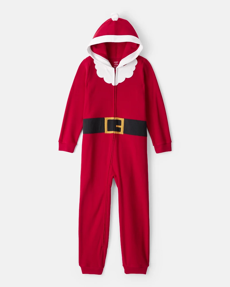 Kid Santa Fleece Hooded Zip-Up 1-Piece Pajama Jumpsuit - Red