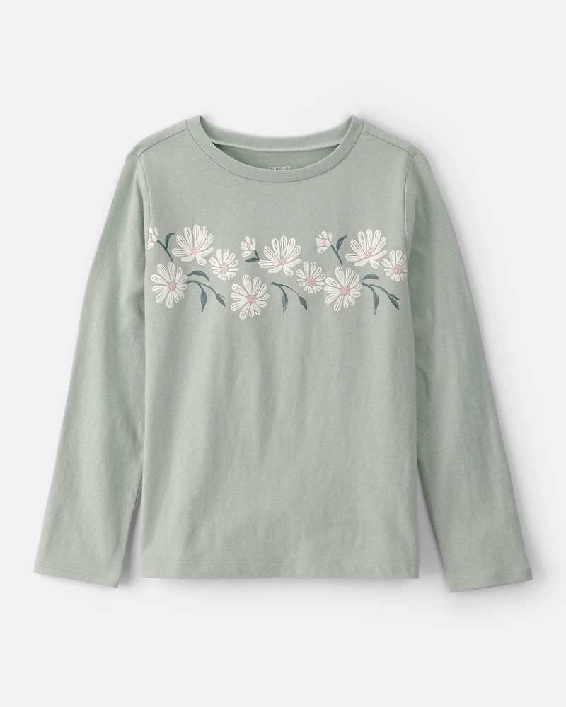 Girls Daisy Floral Long-Sleeve Graphic Tee - Green