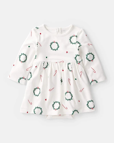 Baby Girl Wreath Print PurelySoft Long-Sleeve Bodysuit Dress - White