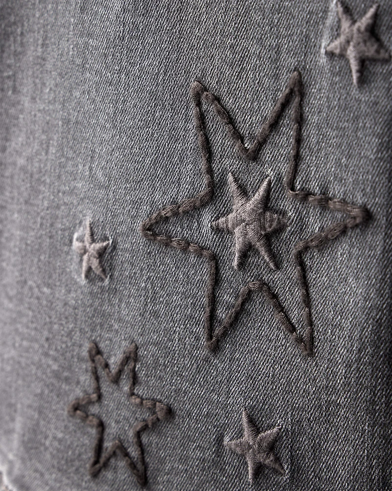 Girls Star Print Denim Bootcut Jeans - Black