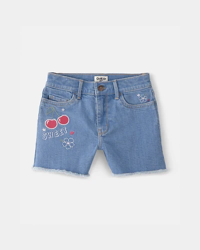 Girls Cherry Denim Embroidered Midi Shorts - Medium Wash
