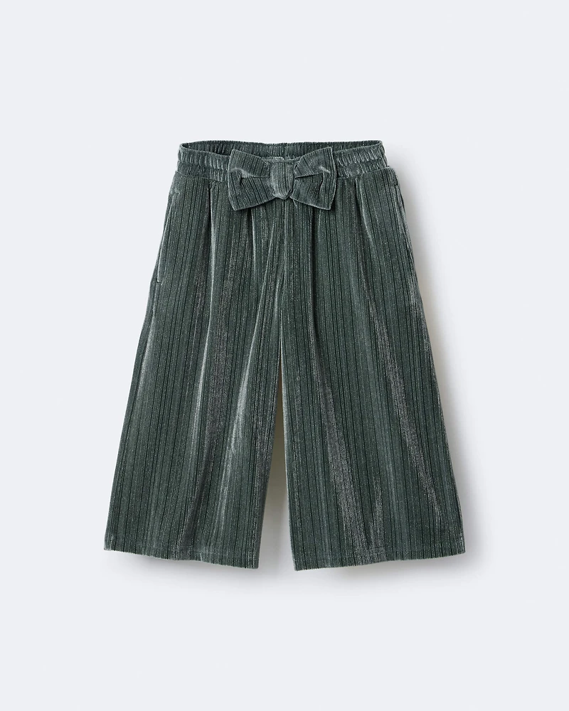Toddler Girl Velvety Wide-Leg Pant with Bow - Dark Green