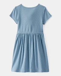 Girls Ribbed Short-Sleeve Dress - Blue