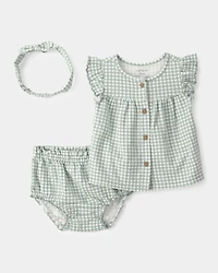 Baby Girl 3-Piece Gingham Top & Short Set - Green