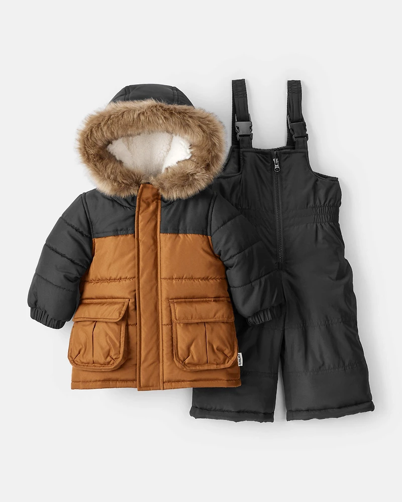 Baby Boy 2-Piece Color Block Hooded Snowsuit Jacket & Bib Set - Brown/Black