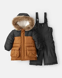 Baby Boy 2-Piece Color Block Hooded Snowsuit Jacket & Bib Set - Brown/Black