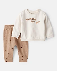 Baby 2-Piece Acorn Thanksgiving Print Cotton Long-Sleeve Tee & Pant Set - White