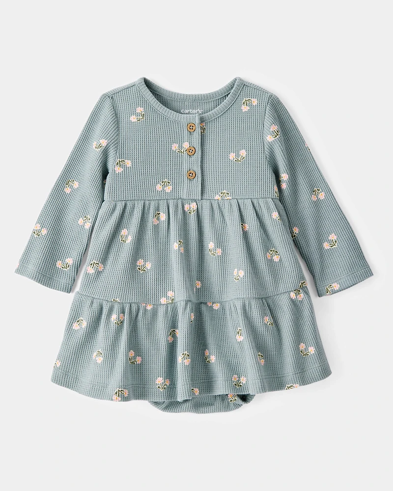 Baby Floral Waffle Knit Bodysuit Dress - Green