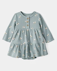 Baby Floral Waffle Knit Bodysuit Dress - Green