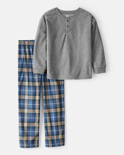 Boys Plaid Fleece Loose Fit 2-Piece Pajamas - Grey/Blue