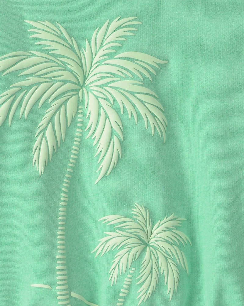 Girls Palm Tree French Terry Top - Green