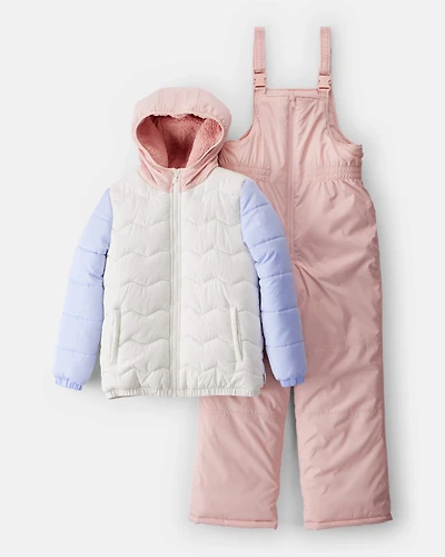 Girls 2-PIece Color Block Hooded Snowsuit Jacket & Bib Set