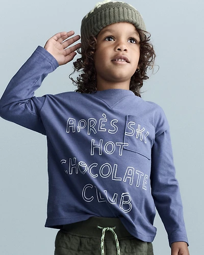 Toddler Hot Cocoa Club' Long-Sleeve Pocket Relaxed Graphic Tee - Dark Blue