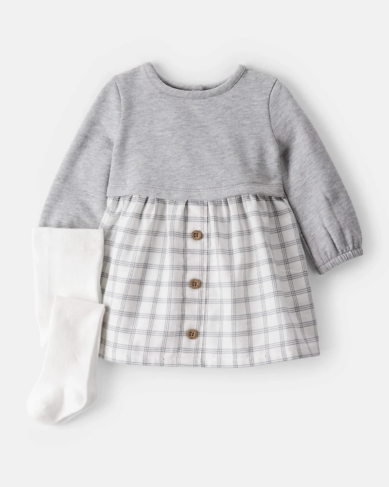 Baby Girl DayDream Fleece Plaid Dress - Grey/White