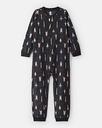 Boys Rocket Ship Print Fleece Long-Sleeve Loose Fit 1-Piece Pajamas - Black