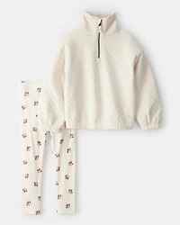 Toddler Girl Quilted Quarter-Zip & Floral Legging Set - Cream