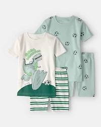 Toddler Boy Soccer Dino 100% Cotton Short-Sleeve Snug Fit 4-Piece Pajama Set - Green