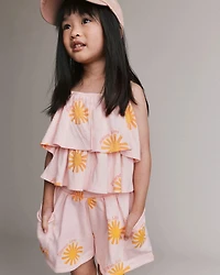 Toddler Girl Off Shoulder Flowy Top in Sunny Life Print - Light Pink