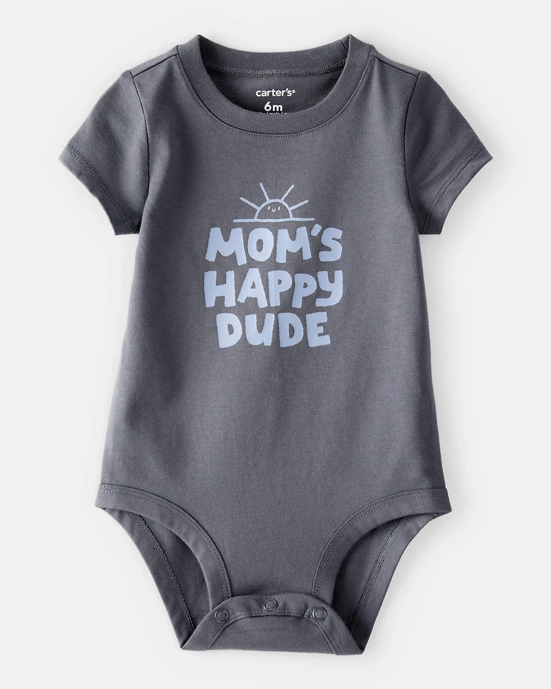 Baby Boy 'Mom's Happy Dude" Short-Sleeve Graphic Bodysuit - Grey