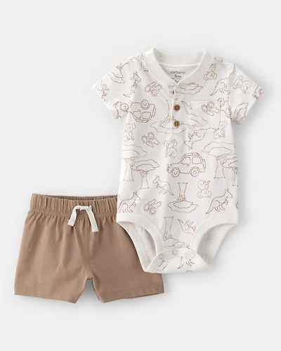 Baby Boy 2-Piece Safari Short-Sleeve Bodysuit & Short Set - Brown/White