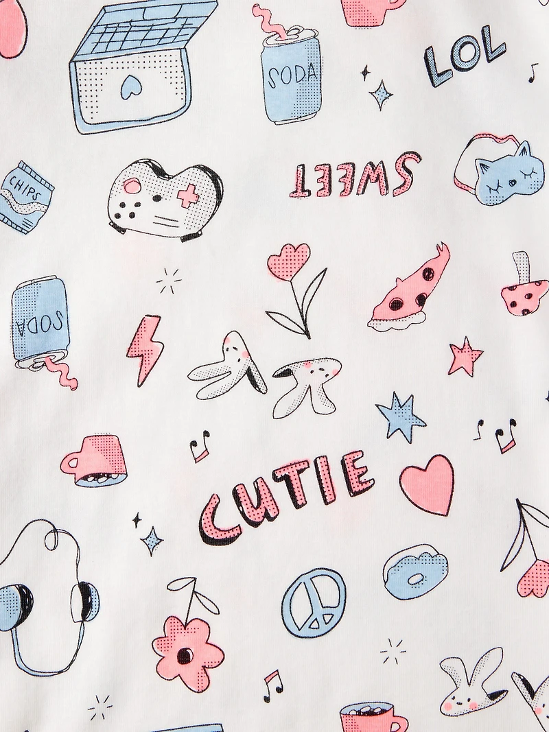 Girls 100% Cotton Snug Fit 4-Piece Pajamas - Blue/White