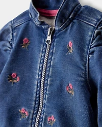 Baby Floral Denim Embroidery Zip-Up Jacket - Utility Blue Wash