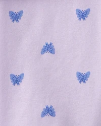 Girls Butterfly Floral 100% Cotton Short-Sleeve Snug Fit 4-Piece Pajama Set - Purple