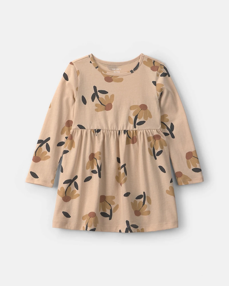 Toddler Girl Floral Long-Sleeve Dress - Tan