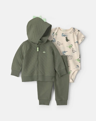 Baby Boy 3-Piece Dinosaur Quilted French Terry Layering Set - Olive Green