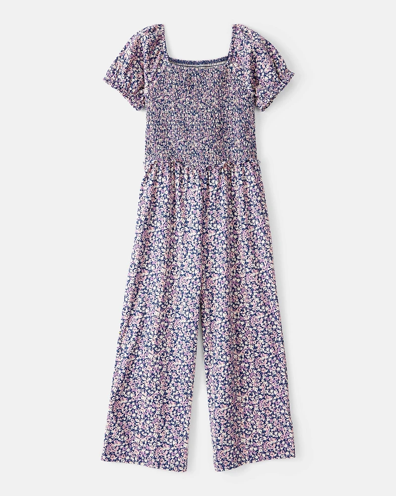 Girls Floral Smocked Short-Sleeve Jumpsuit - Navy/Purple