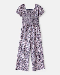 Girls Floral Smocked Short-Sleeve Jumpsuit - Navy/Purple