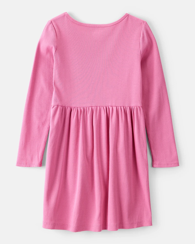 Girls Long Sleeve Cotton Dress - Pink