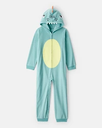 Boys Dinosaur Fleece Hooded Zip-Up 1-Piece Pajama Jumpsuit  - Blue